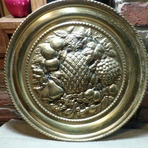 Vintage Brass Wall Plates, Large 16.5” brass wall plate, Embossed brass wall plate, Morethebuckles, Brass embossed fruit wall plate