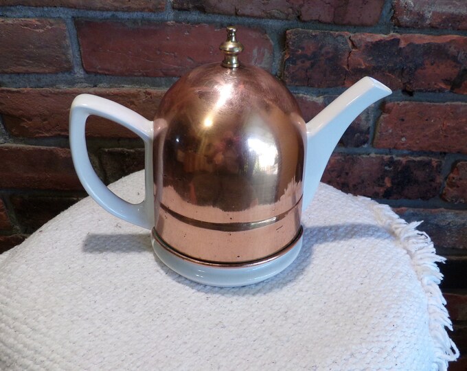 Vintage Teapot With Copper Cozy Vintage White Ceramic Tea Etsy
