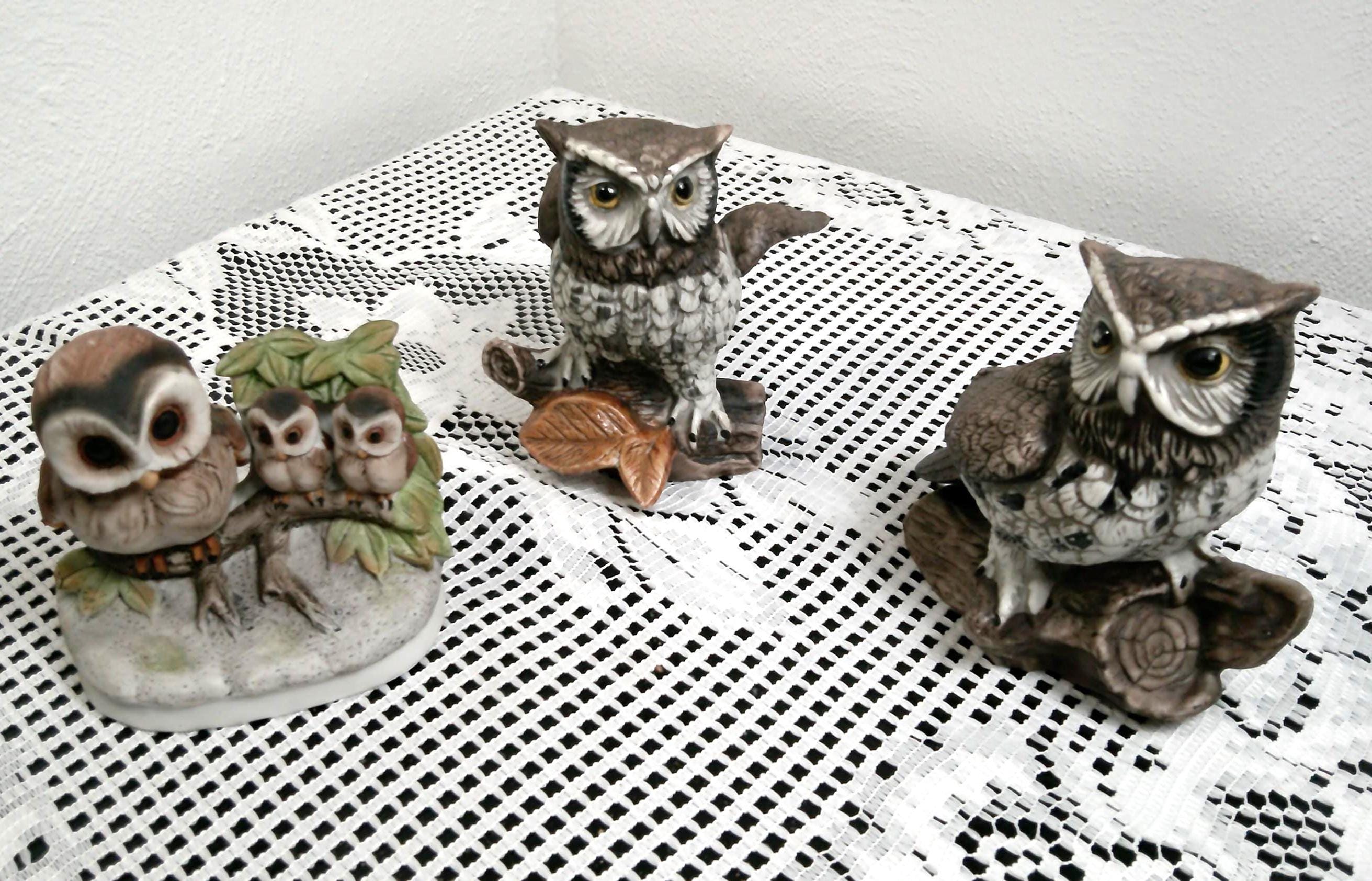 Vintage Homco Ceramic Owl Figurines 2 1114 and 1 1298 Original Stamp and Sticker, Set of 3, Moretheb