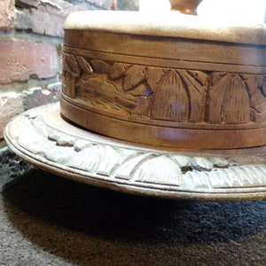 Vintage Carved Wood Lazy Susan Cake Stand, Wooden cake stand with hand carved cover, vintage lazy Susan, Morethebuckles