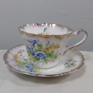 Vintage Gladstone Fine Bone China Teacup and Saucer Made in England Blue Yellow Flowers, Morethebuckles