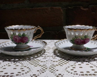 Vintage Mini bone china tea cups and saucers, mini floral tea cups set, fairy garden, purple roses tea cup, Morethebuckles