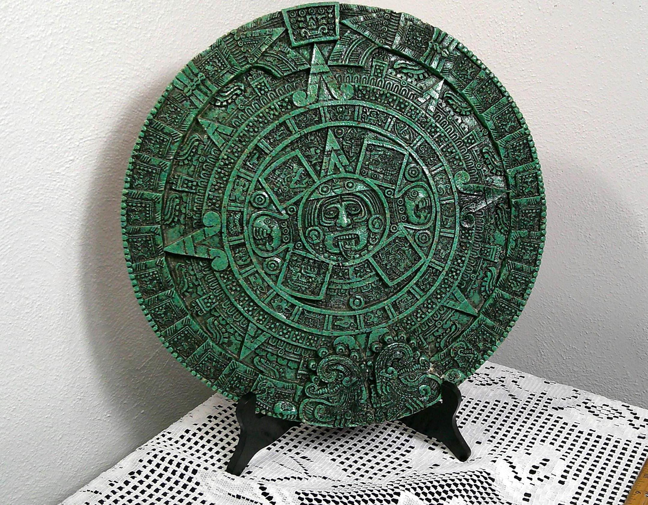 Vintage Mayan Aztec Sun Calendar Crush Malachite 14” Mexican Wall