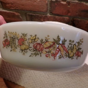 Vintage Anchor Hocking Fire King Harvest Vegetable 436 milk glass casserole dish, casserole dish, 1970 1QT casserole dish, Morethebuckles