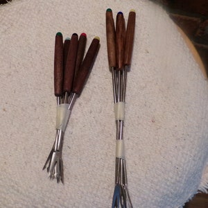 Wood handle fondue forks, Century Stainless-Steel Fondue Forks Set of 5, vintage wood fondue forks, 1970’s serving, Morethebuckles