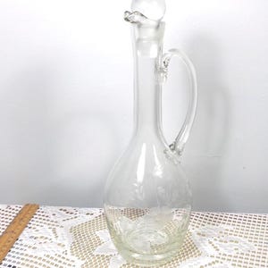 Tall Crystal Wine Decanter with Etched Flowers, Clear Crystal Long Neck Floral Etched Decanter, Morethebuckles, Vintage Decanter