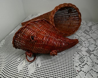 Vintage Wicker Cornucopia with Ring, Fall Decor 14.5 inch or 17"