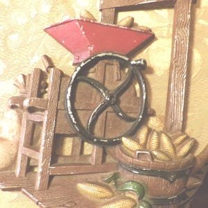 Vintage Kitchen Metal Wall Plaque- Old Time Corn Sheller Wall Plaque, 1978 Homco 1270, Metal kitchen all décor, retro, MCM, Morethebuckles