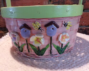 Vintage Colorful Woven Basket, Rare green and pink basket, Easter basket, 1960’s spring basket, Rare 3D front Basket, Morethebuckles