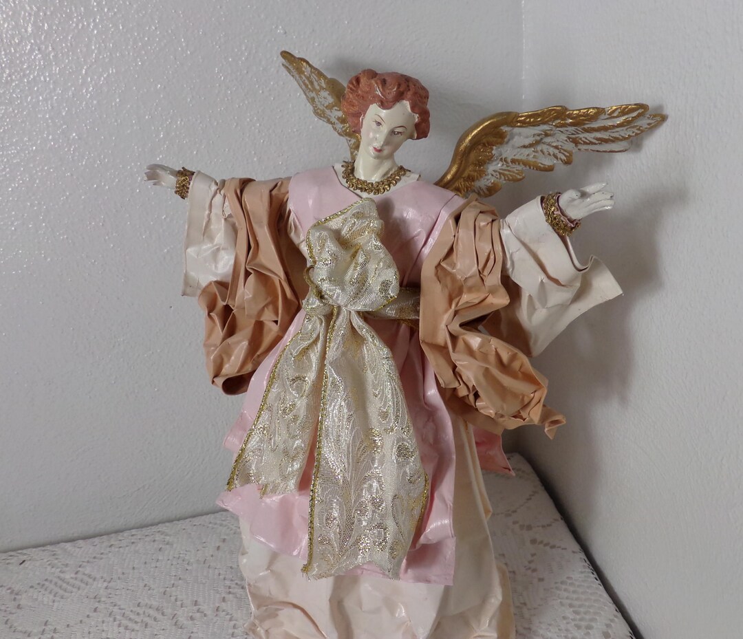 Vintage Tree Topper Paper Mache, Pink With Gold 14