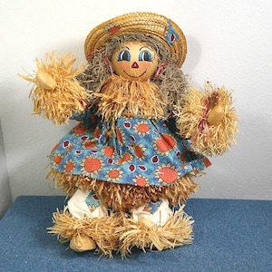 Vintage Handmade Girl Scarecrow Doll, RARE Fall Decor, Halloween Doll, Unique Scarecrow, Morethebuckles 20”, Shelf Sitter Scarecrow