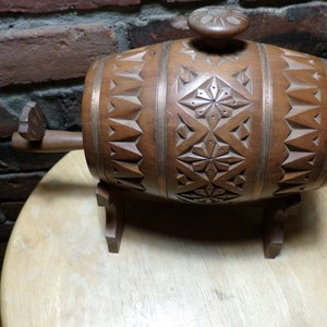 Antique Hand Carved Wood Keg Drink Dispenser with Stand, folk carved floral wood brandy keg with stand, barware, Morethebuckles