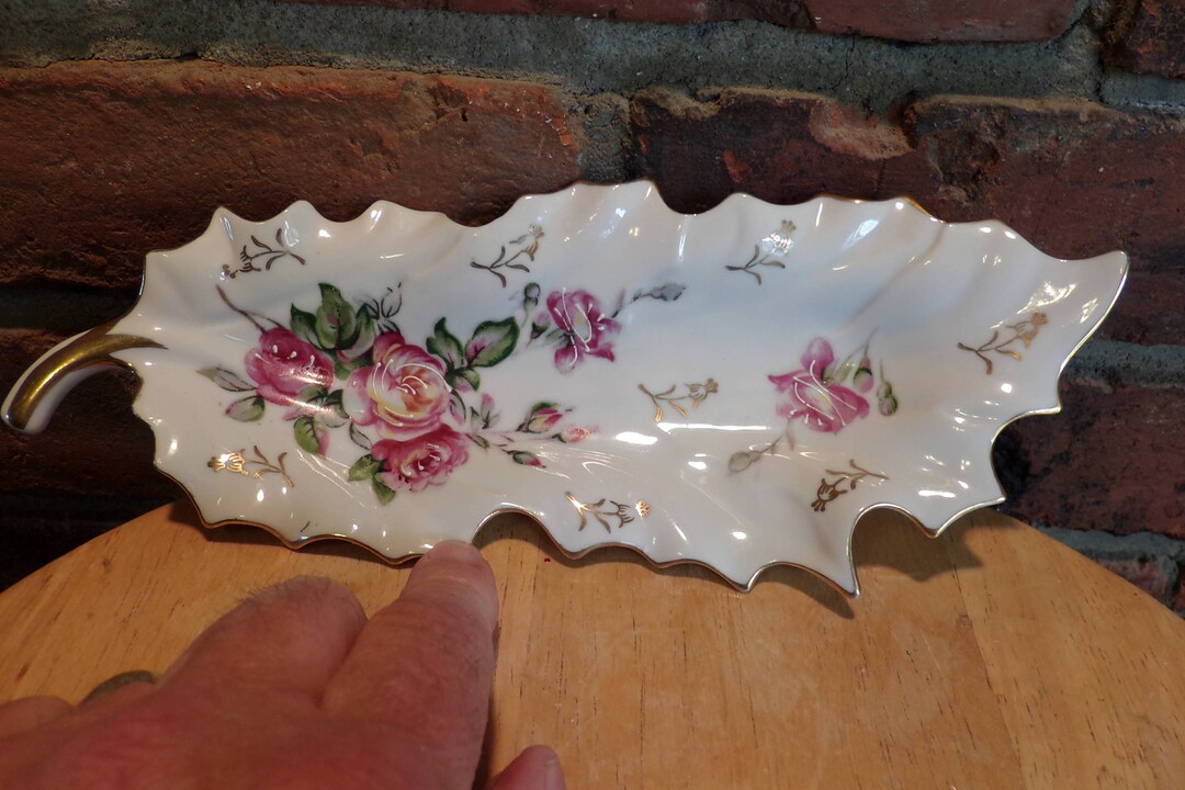 Vintage Arnart Leaf Shape Porcelain Hand Painted Dish W Roses Gold