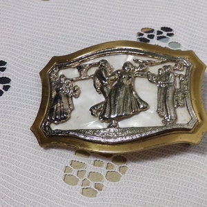 Vintage Waltzing Dancing Couple Bronze Base with Mother of Pearl Belt Buckle, Dancing belt buckles, 1950&#39;s belt buckle, Morethebuckles