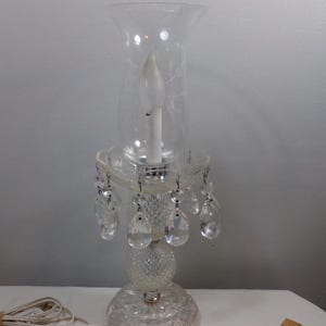 Vintage Crystal Hurricane Lamp with Prisms and Etched Chimney, Crystal Boudoir Hurricane Lamp, Morethebuckles, 1940&#39;s Crystal Lamp