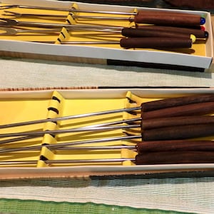 Vintage Stainless Steel Japan Fondue Fork Set Of 6 With Wood Handles In Box, 1960’s fondue forks in the box, Morethebuckles, 1960 prop