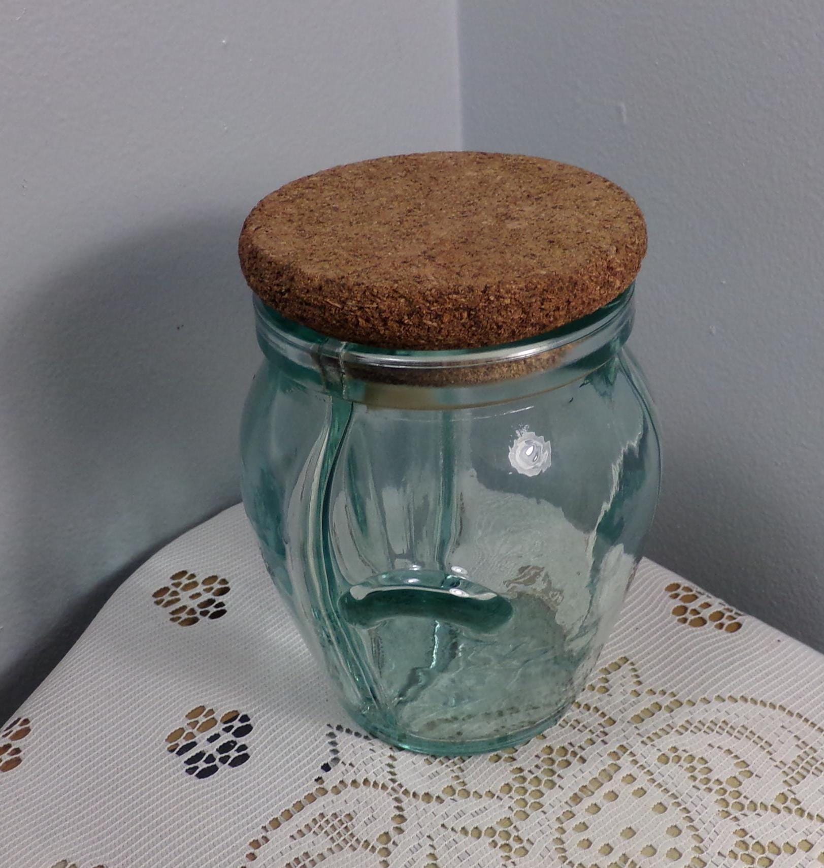 Vintage Green Glass Triple Divided Jar With Cork Lid Made in Italy