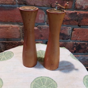 Vintage Brass and Wood Salt and Pepper Mill Shakers, Rare modern wood and brass serving,  7” wooden shakers, Morethebuckles