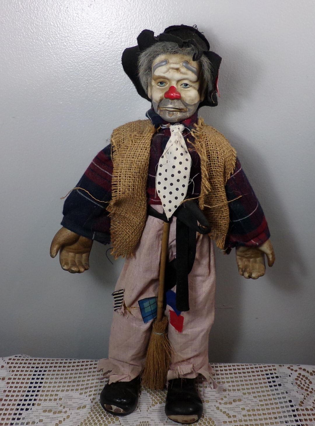 Vintage Porcelain Hobo Clown Doll 19", Crafted Porcelain Cloth Head