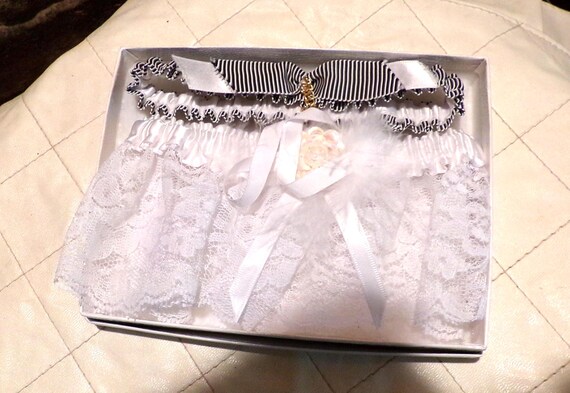 Vintage 1960’s leg garter set, wedding garter, leg garter with feather, lace sequins and feather garter, NOS wedding, Morethebuckles