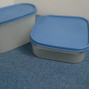 Könnte beinhalten: Zwei Kunststoff-Lebensmittelbehälter mit blauen Deckeln. Ein Behälter ist rechteckig, der andere quadratisch. Die Behälter sind durchscheinend und scheinen leer zu sein. Sie stehen auf einer blauen Oberfläche.