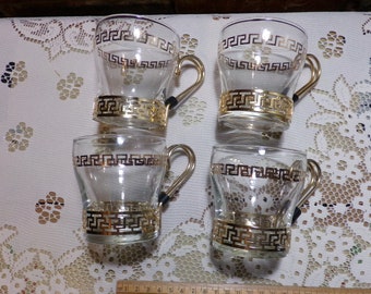 Vintage Libbey Gold Key Glasses Set of 4, 1960s 4 Glass gold Greek Key 8 ounce handled glasses, Morethebuckles, glass cups