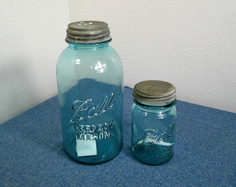 Antique Blue Ball Perfect Mason Quart Jar Circa 1910-1923 w/ Zinc Metal and Milk Glass Lid, 3 Collectible Blue Ball Jars, Morethebuckles