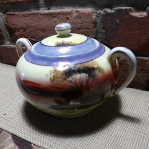 Vintage Porcelain Lusterware Lidded Sugar Bowl, 1950&#39;s, RARE gold accents trees birds lidded sugar bowl, Morethebuckles, handled sugar bowl