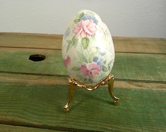 Vintage Eggzakly Handcrafted Porcelain Floral Egg with Brass Stand, Romantic Pastel Pink Flowers Easter Spring Collectible, Made in USA