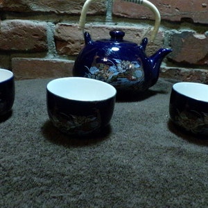 Vintage Cobalt Blue Double Peacock Japanese Teapot Set, Beautiful Japanese blue tea set, 1970&#39;s tea set, Morethebuckles