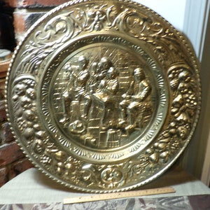 Vintage Brass Wall Plates, Large 20” brass wall plate, Embossed brass wall plate, Morethebuckles, Brass embossed pub scene