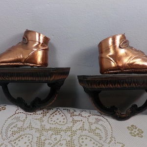 Vintage 1940&#39;s Bronze Baby Shoes shelf set wall decor, Bronze Baby Shoes on shelf, Vintage 1940&#39;s, Morethebuckles, Baby room decor