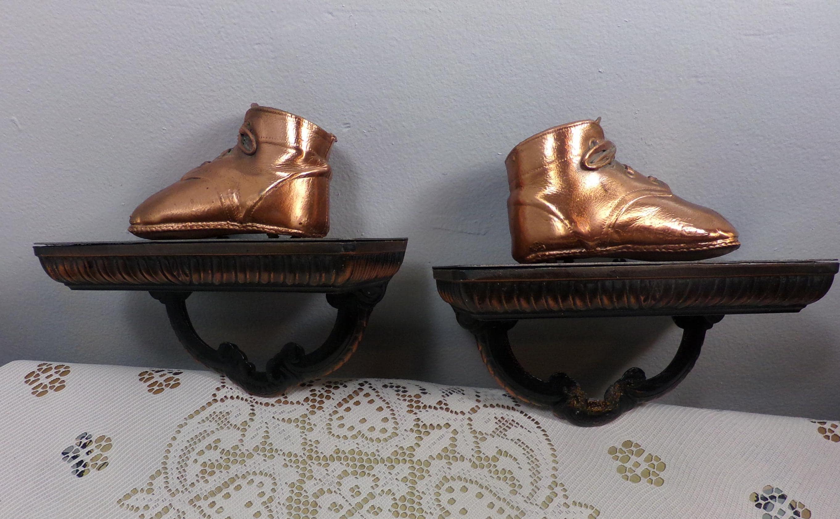 Vintage Bronze Baby Shoes Shelf Set, 1940S Nursery Decor
