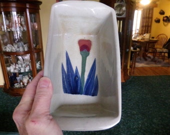 Vintage handmade stoneware loaf pan, painted loaf pan, hand painted kitchen décor, baking dish, stoneware baking dish
