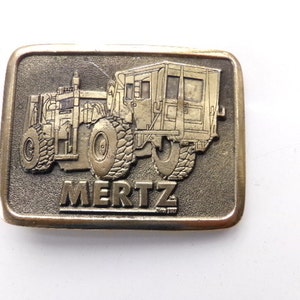 Mertz Tractor Truck Belt Buckle Big Equipment Manufacturing Aspen Trophies, Vintage, Solid Brass Mertz Belt Buckle Made, Morethebuckles