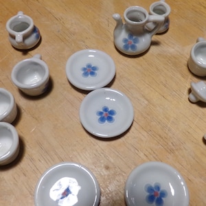 Vintage Dollhouse Miniature 13 Piece Ceramic Tea Set in Blue Floral Design, Porcelain dollhouse tea set, Morethebuckles