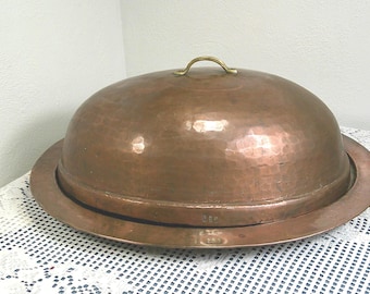 Large 1940's Hammered Copper Oval Serving Platter with Domed Lid Georginian Copper 19” x 16”
