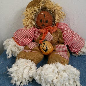Vintage Burlap and Fabric Scarecrow Doll 21&quot;, RARE Halloween Doll, Folk Art Fall Decor, Morethebuckles, Fall Decor, Scarecrow