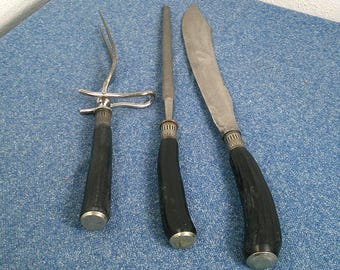 Antique Shapleigh DE Diamond Edge Carving Set Knife Fork Steel, Antique Meat Carving Set with Sterling Silver, Morethebuckles, Early 1900’s