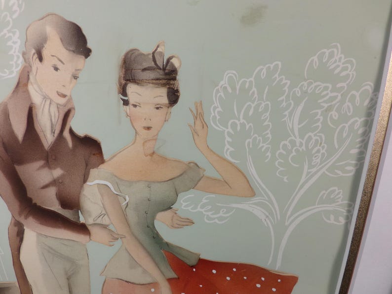 Vintage Watercolor Airbrush Painting Bernard Picture, 1947 airbrush signed art, Framed Art Décor Courting couple watercolor, Morethebuckles image 9