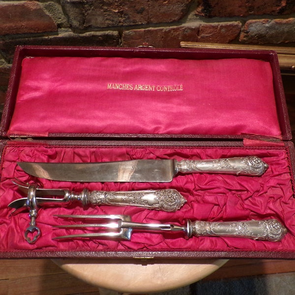 Antique French Silver carving set in cases, 1890's to 1900's Antique French .950 Silver Rococo Style Carving Set with Gigot, Morethebuckles