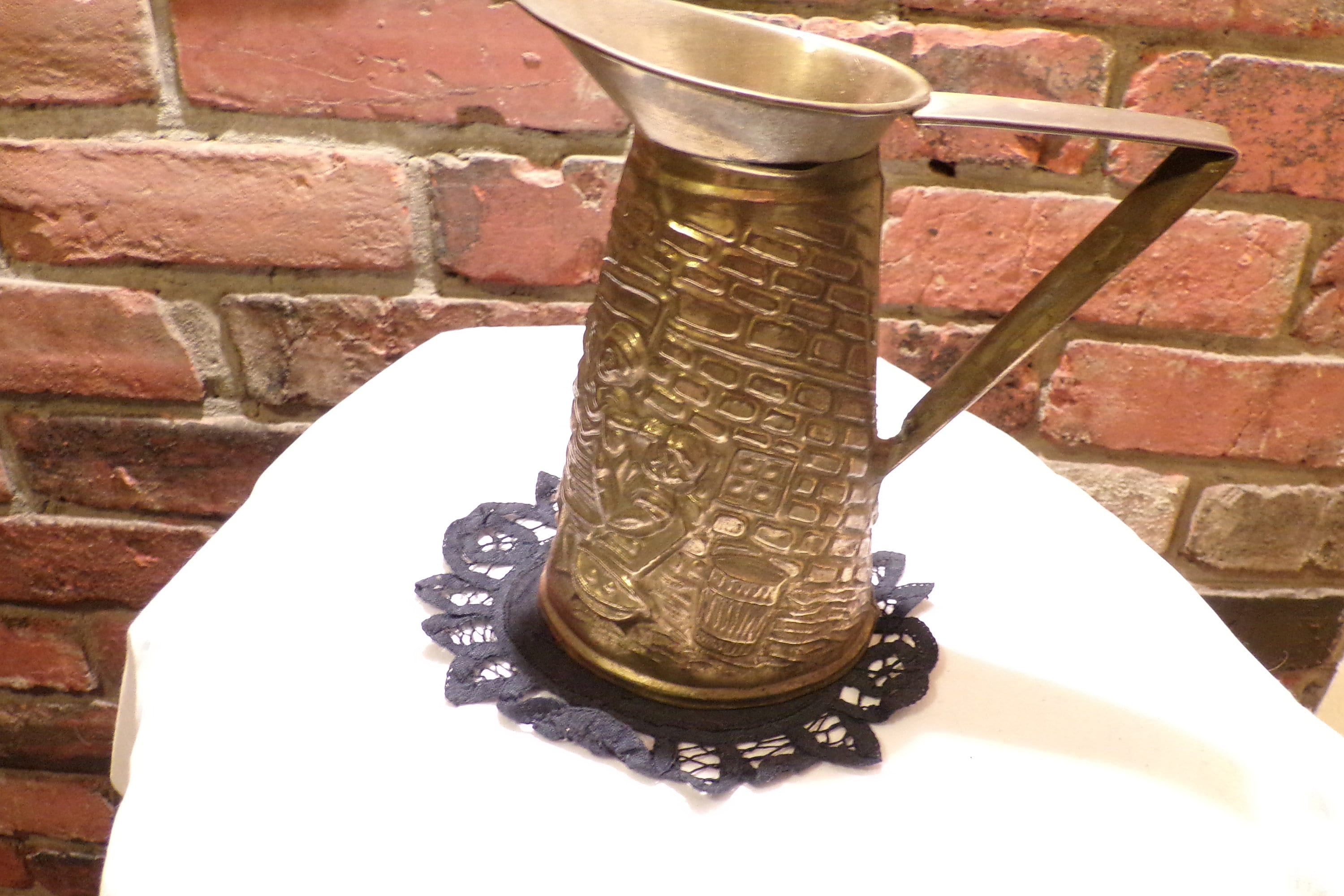 Vintage Embossed Brass Pitcher, Brass Embossed Tavern Scene Pitcher Vase, Peerage Morethebuckles, 1970's