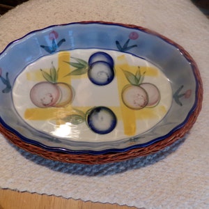 Vintage porcelain dish with wicker serving Basket, ceramic bowl in rattan basket, vintage bowl in a basket, Morethebuckles