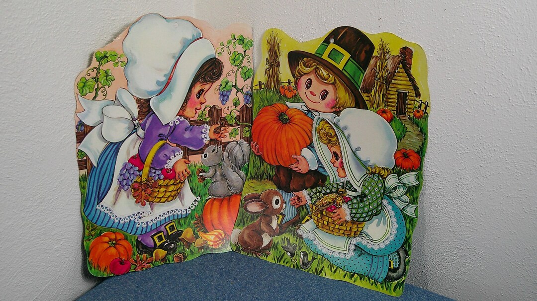 Vintage Thanksgiving Die Cut Cardboard Decoration Pilgrim Boy Girl ...