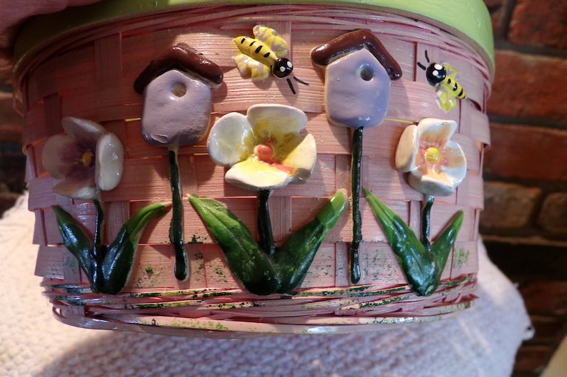 Rare 3D front Basket Rare green and pink basket spring basket Vintage Colorful Woven Basket Morethebuckles 1960\u2019s spring basket