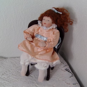 Vintage Kathy Hippensteel 7&quot; Porcelain Doll, Red Haired Porcelain Mini Doll sitting in chair, Morethebuckles