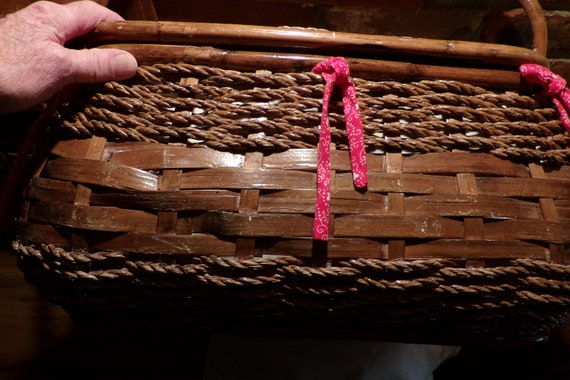 Vintage Bamboo Wicker Wood Picnic Basket, 1970’s … - image 1