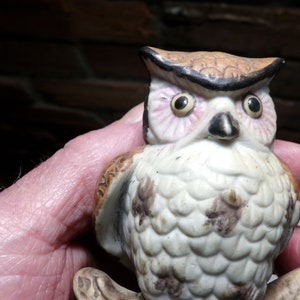 Vintage ceramic owl on wood perch with leaves, RARE ceramic owl, hand painted ceramic owl, Morethebuckles