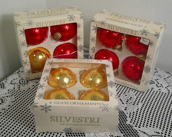 Vintage Silvestri Glass Tree Ornaments, 12 1970's Red Gold 3.5