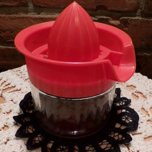 Vintage Gemco Orange Top Citrus Juicer Reamer Glass Jar, Holds 12 Ounces, manual juicer, bar juicer, Morethebuckles, 1980&#39;s